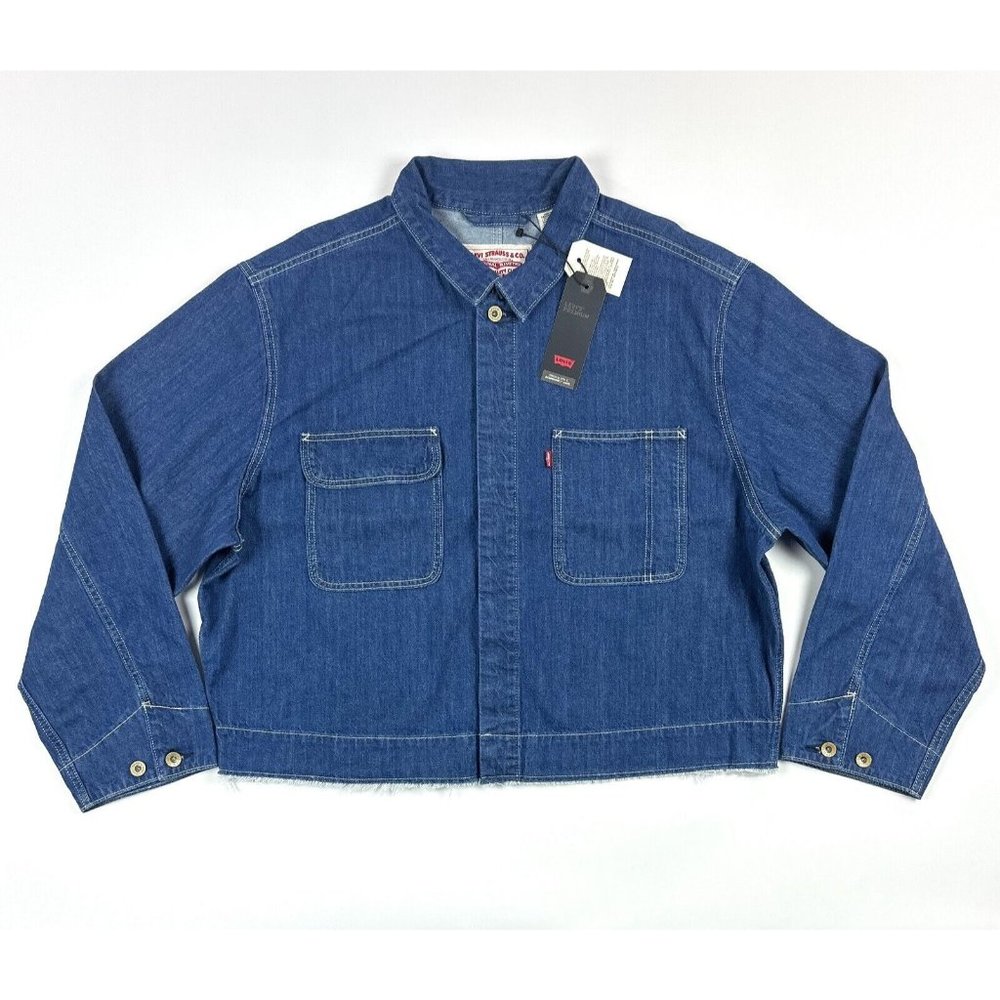 Levis Premium Men Large Dark Wash Blue Jean Denim Raw Edge Frayed Trucker Jacket